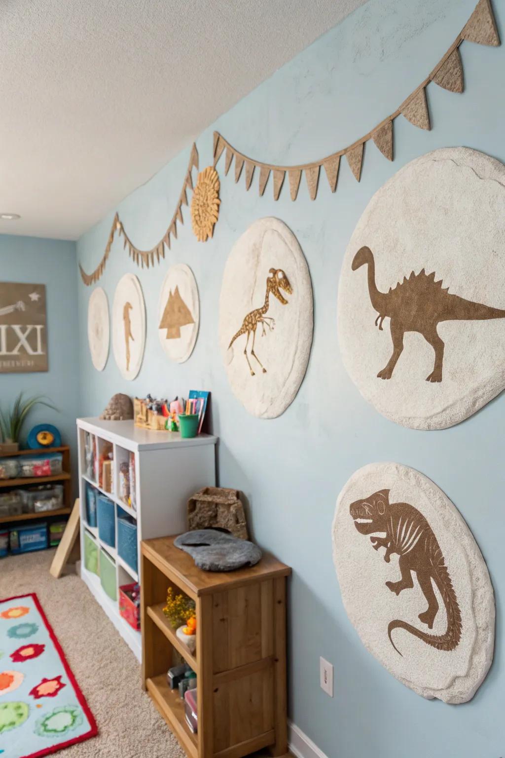 DIY dinosaur fossils adding a personal and educational touch to the room.