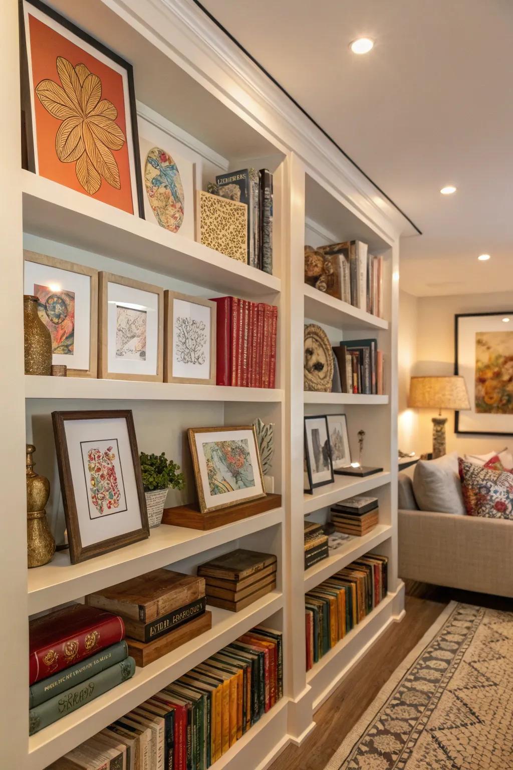 Art integrated into shelves for a gallery feel.