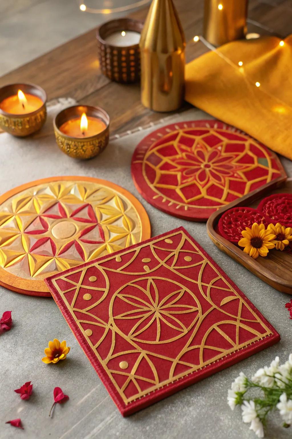 Vibrant hot pads with geometric patterns adding style and protecting surfaces on the Diwali table.
