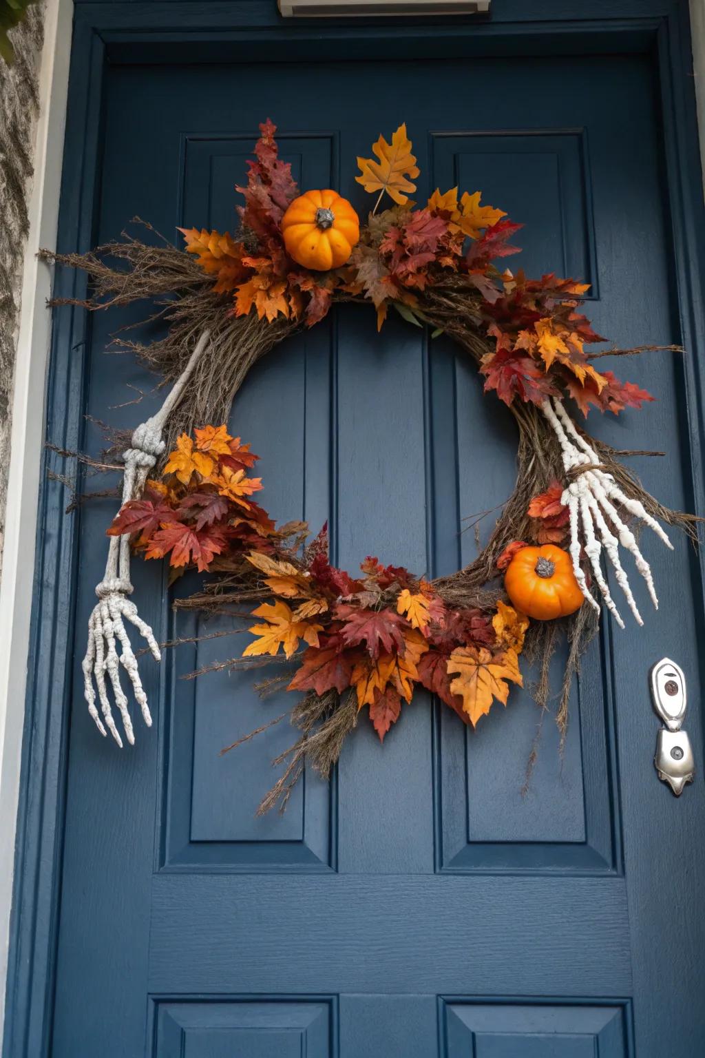 A skeletal hand wreath constructs an eerie All Hallow's Eve vibe.