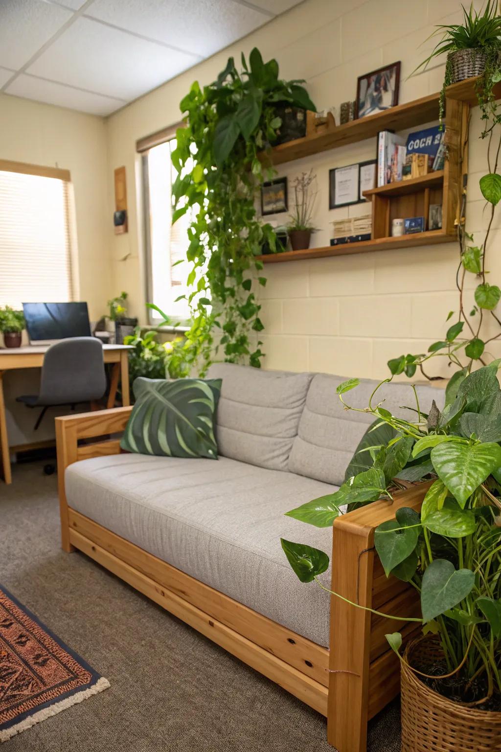 A green sofa complementing the green decor in this dorm room.
