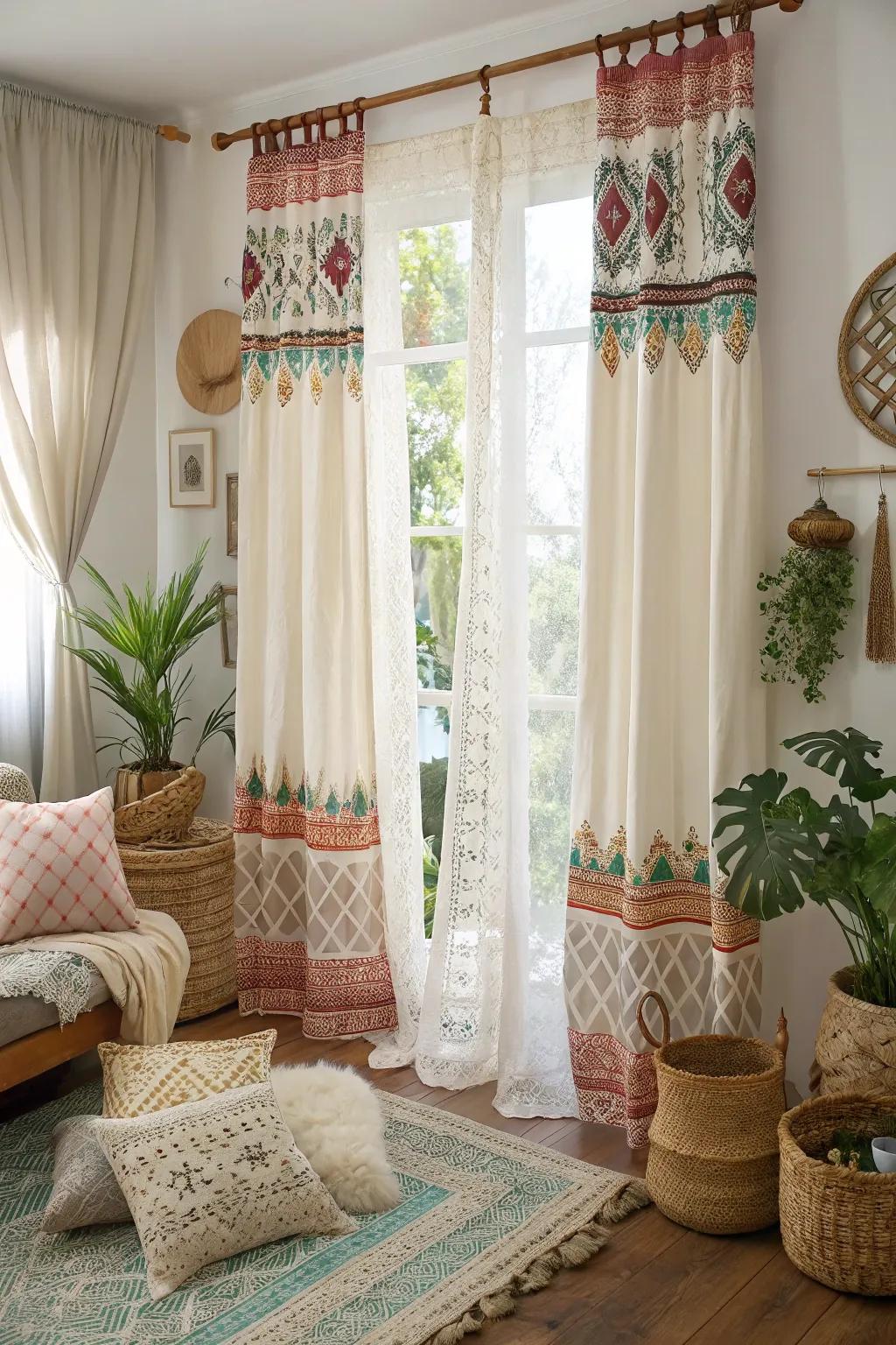Layered lace and patterns bring a bohemian vibe to this living room.