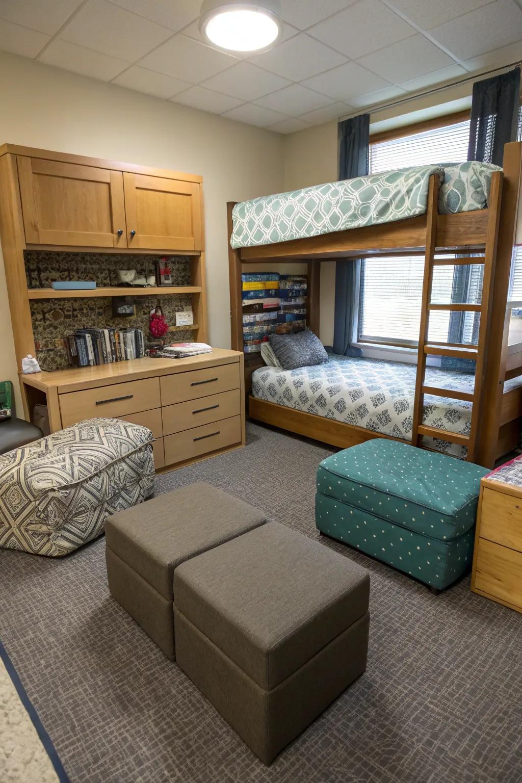 Seating with storage keeps clutter at bay.