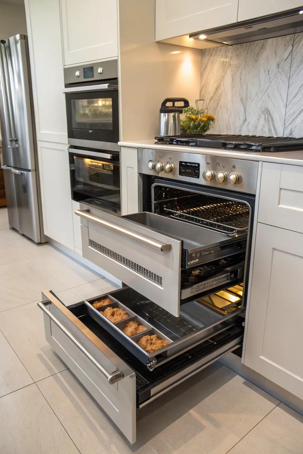 An exceptionally designed layout incorporating integrated storage solutions around double ovens.