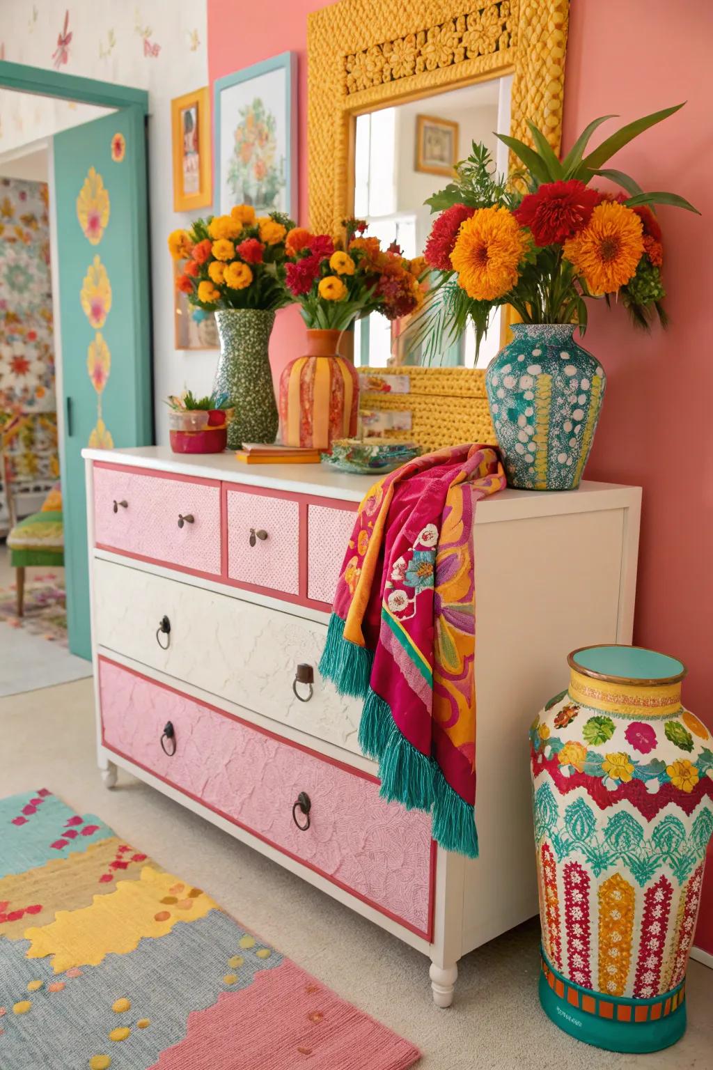 Bold colors create a vibrant statement on the dresser.