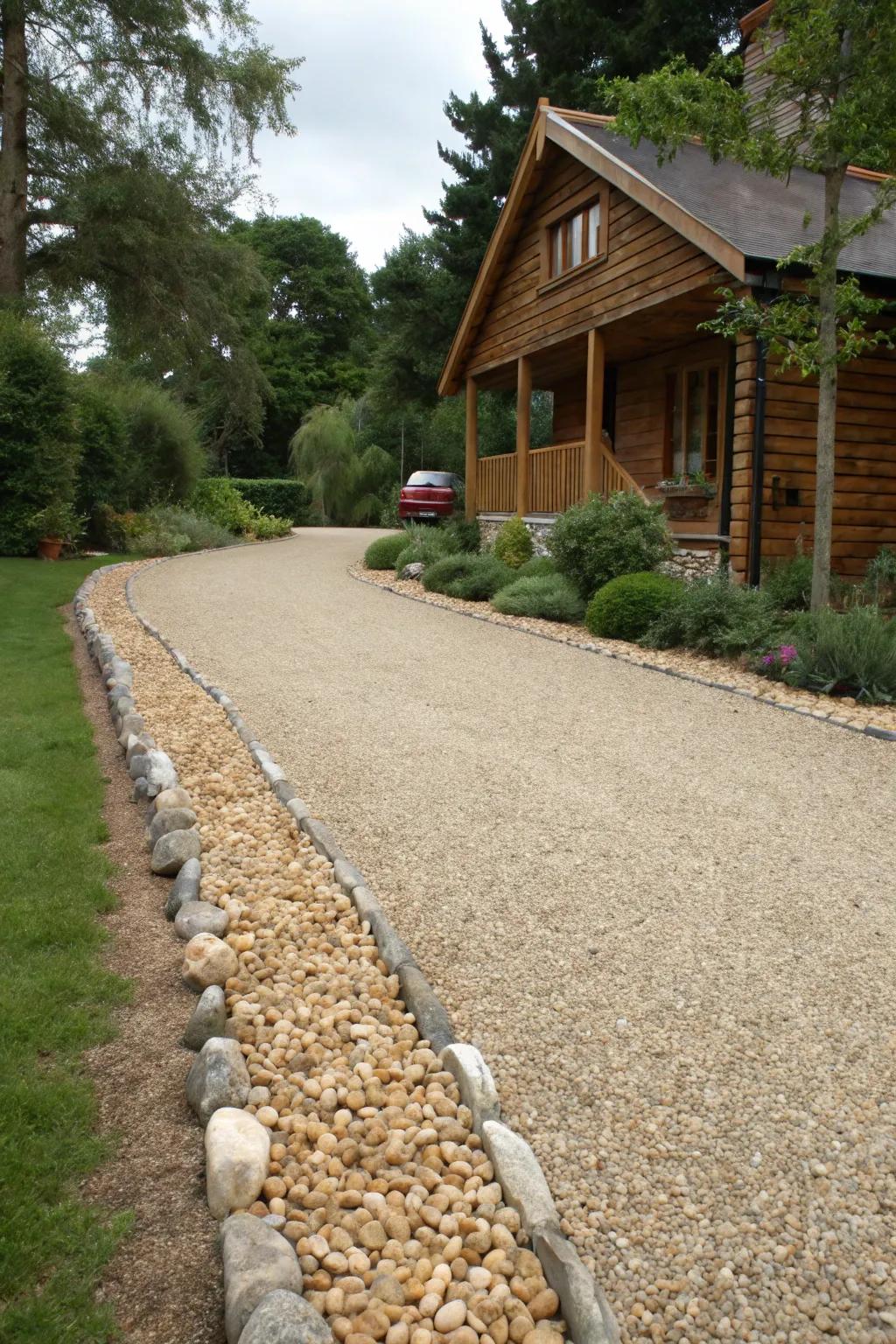 A fancy border can lift the countryside charm of a gravel driveway.