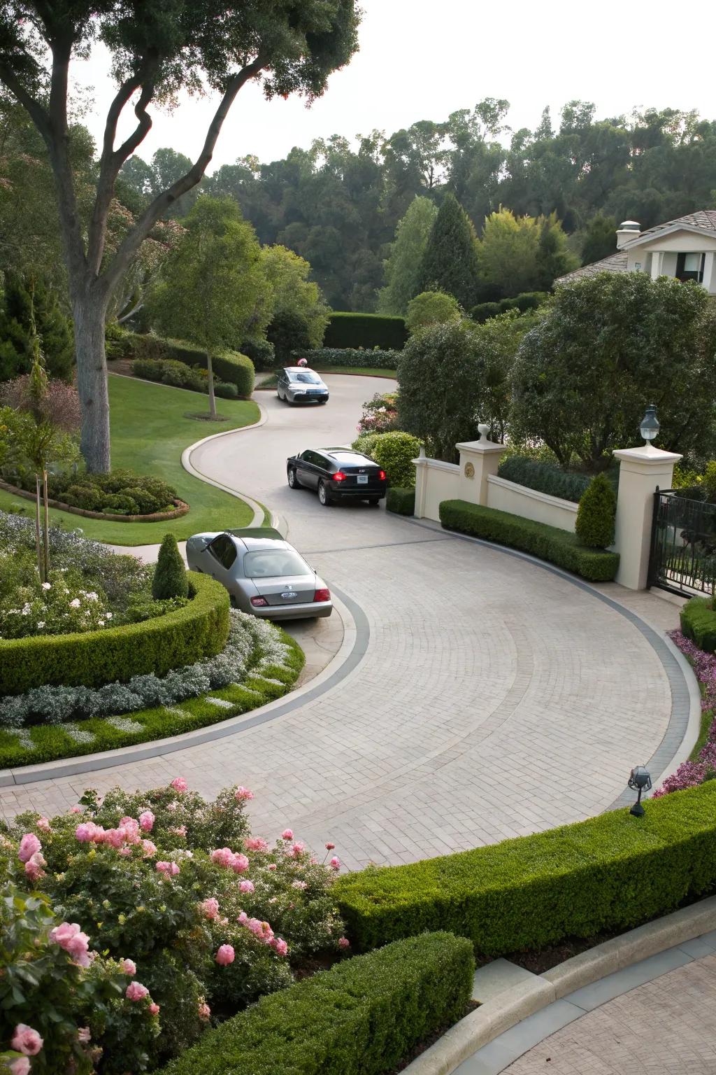 A unique teardrop driveway layout featuring elegant curves.