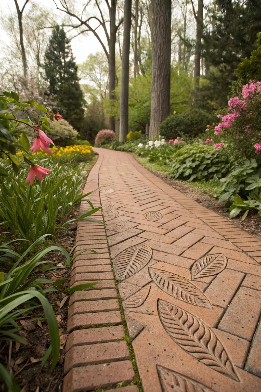 Imprinted bricks adding unique character to a path.