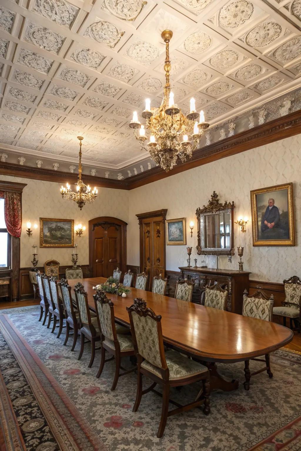 The fusion of vintage charm through distressed ceiling squares.