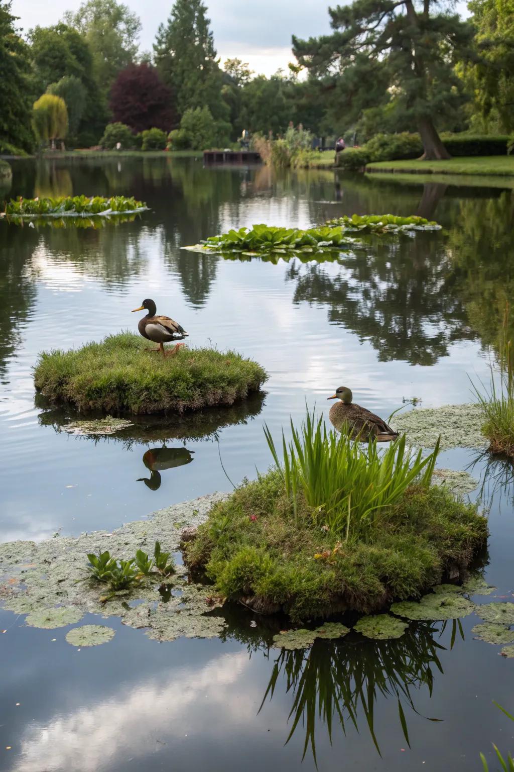 Detached planting platforms deliver shade and visual interest to any duck pond.