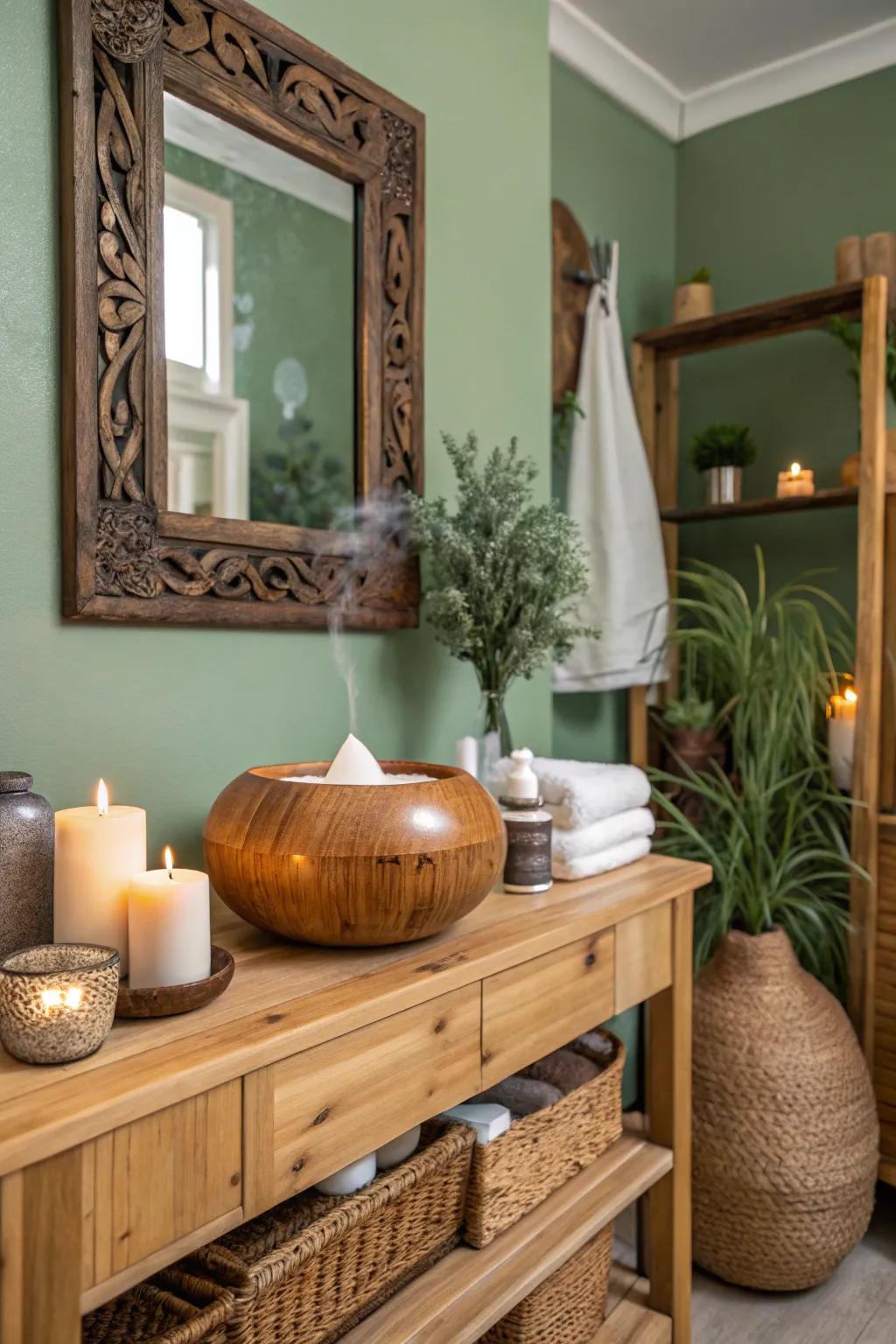 Aromatherapy elements contribute to a soothing and earthy bathroom vibe.