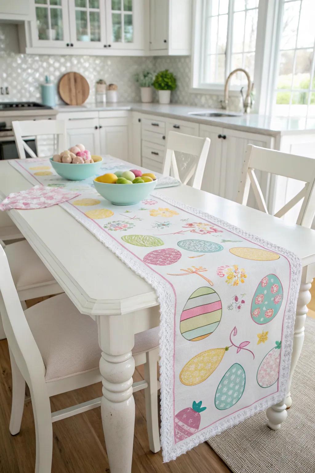 An Easter surface topper conveys color and charm to the cooking table.