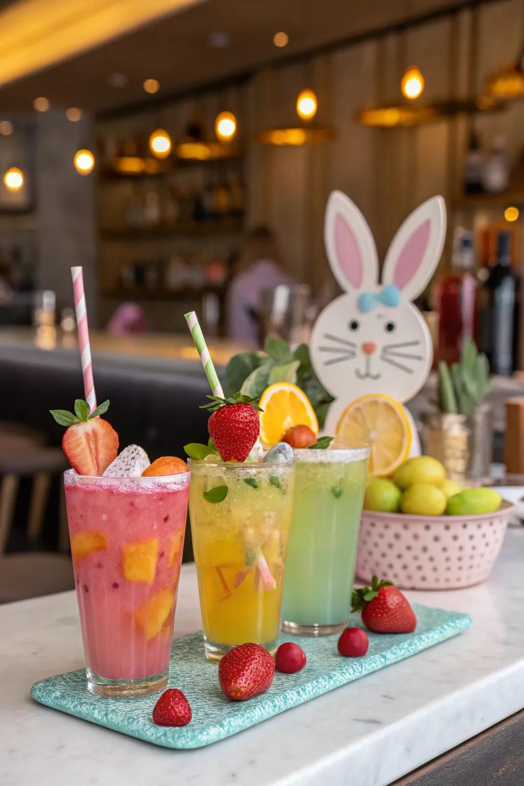 A sophisticated concoction space showcasing playful Easter-themed beverages.