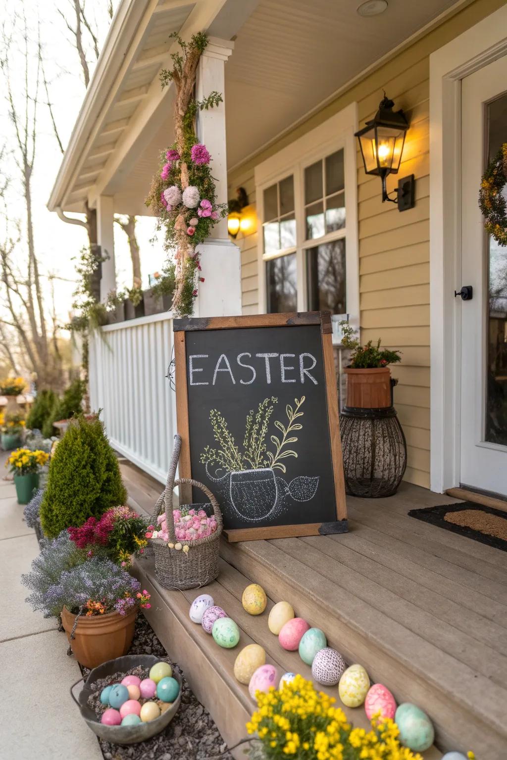 Chalkboard signs contribute a personalized Easter element.