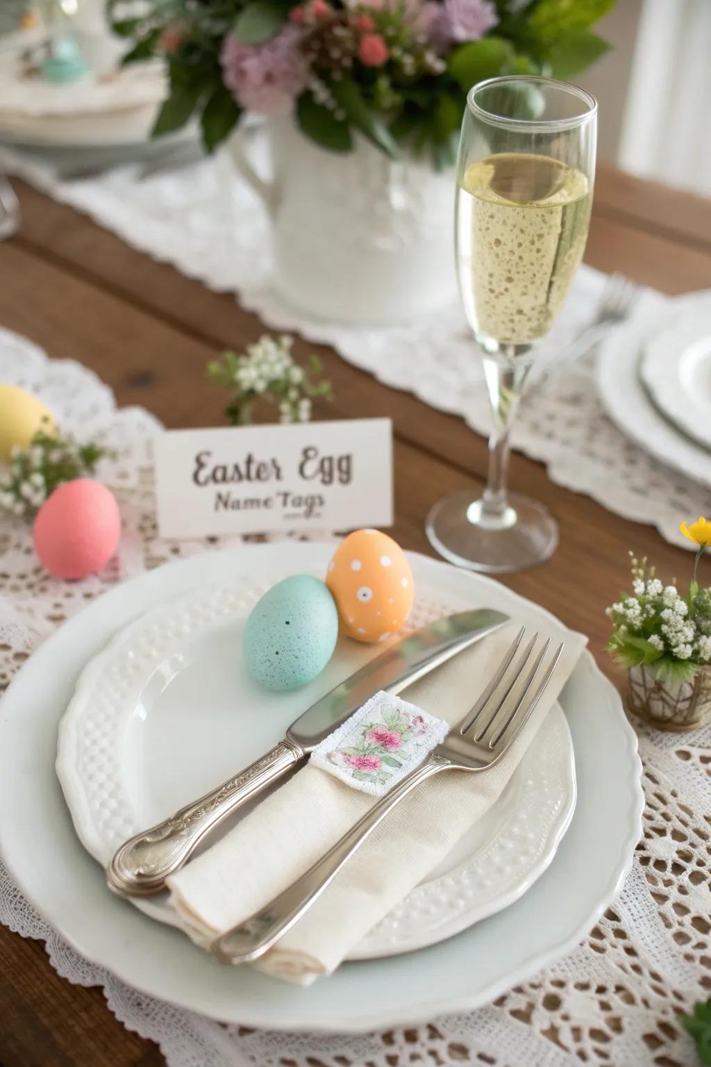 Wedding desk arrangements presenting customized Easter egg identifiers.