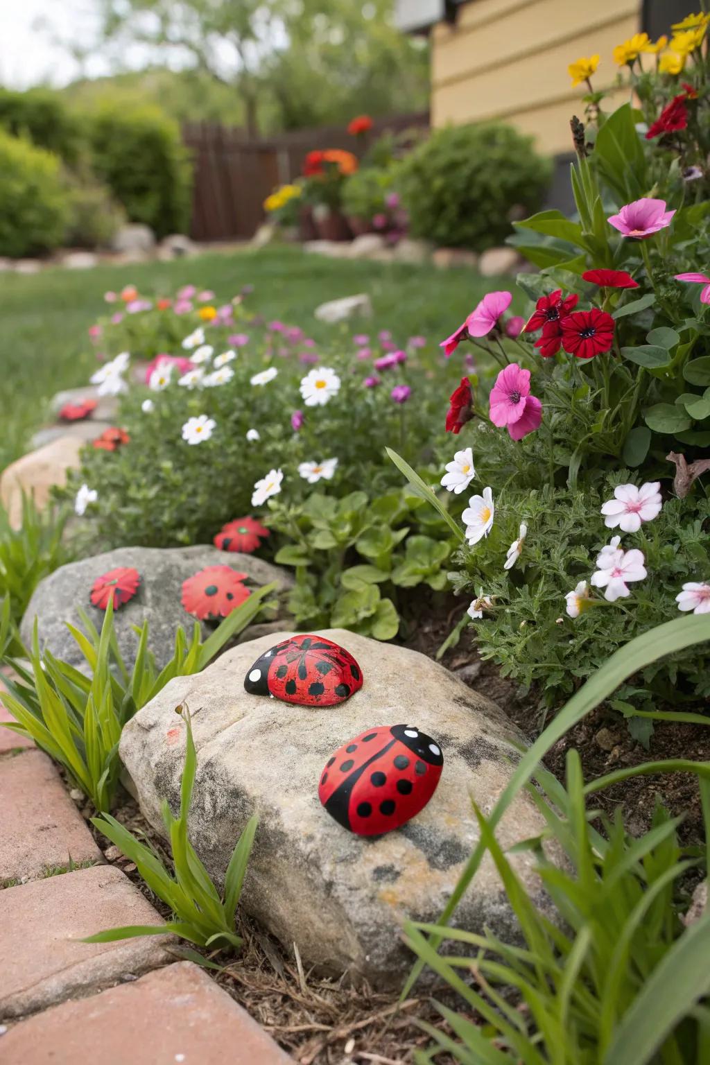 Painted stone scarabs conveying allure to gardens.