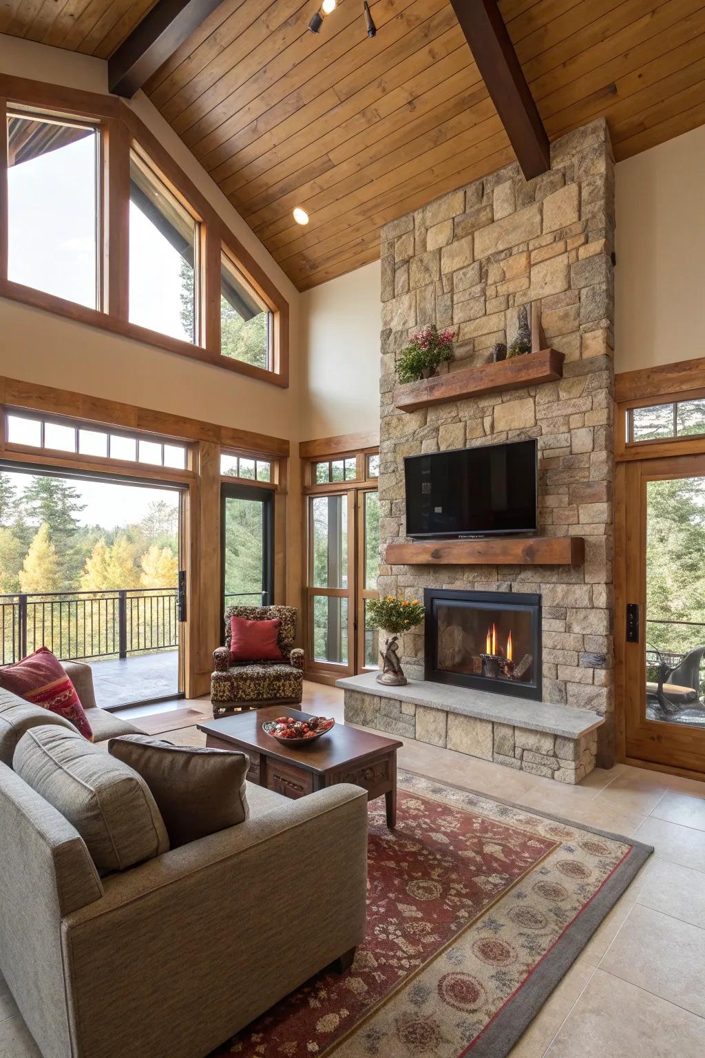 Dual-sided hearths offer warmth and ambiance from multiple views.