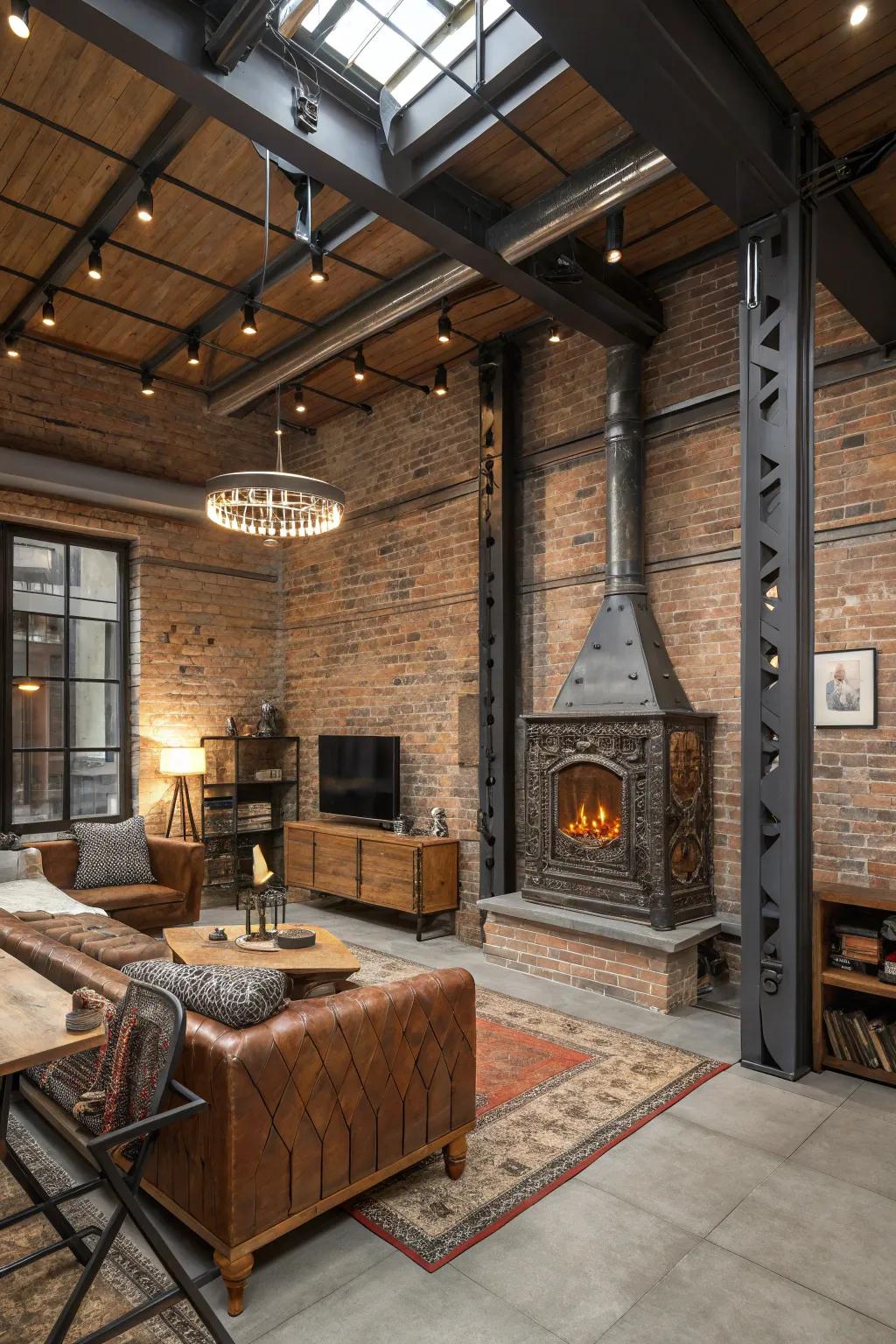 A factory style living area that features an exposed brick and metal-accented fireplace.