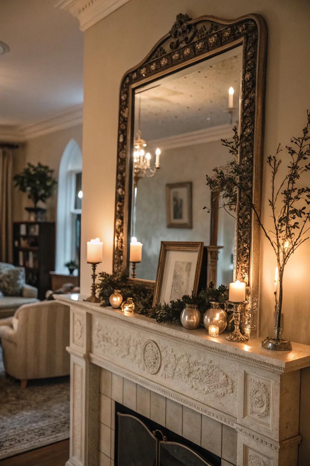 An antique mirror adds sophistication and depth.