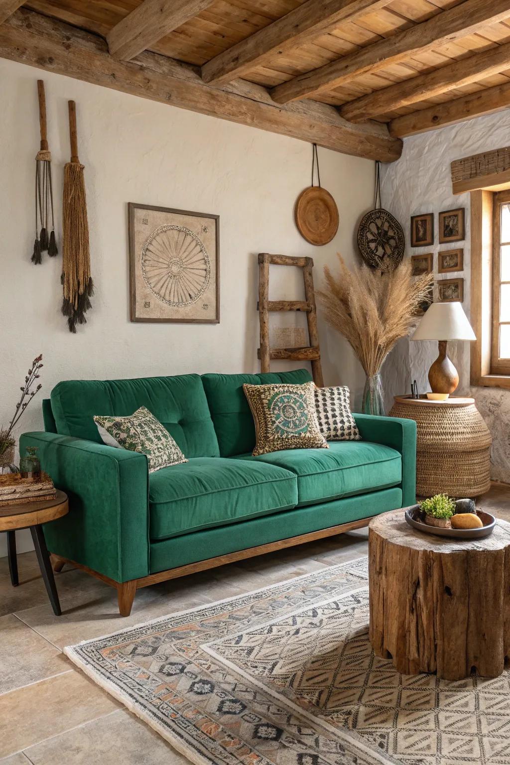 Rustic details enhance the natural appeal of the emerald sofa.