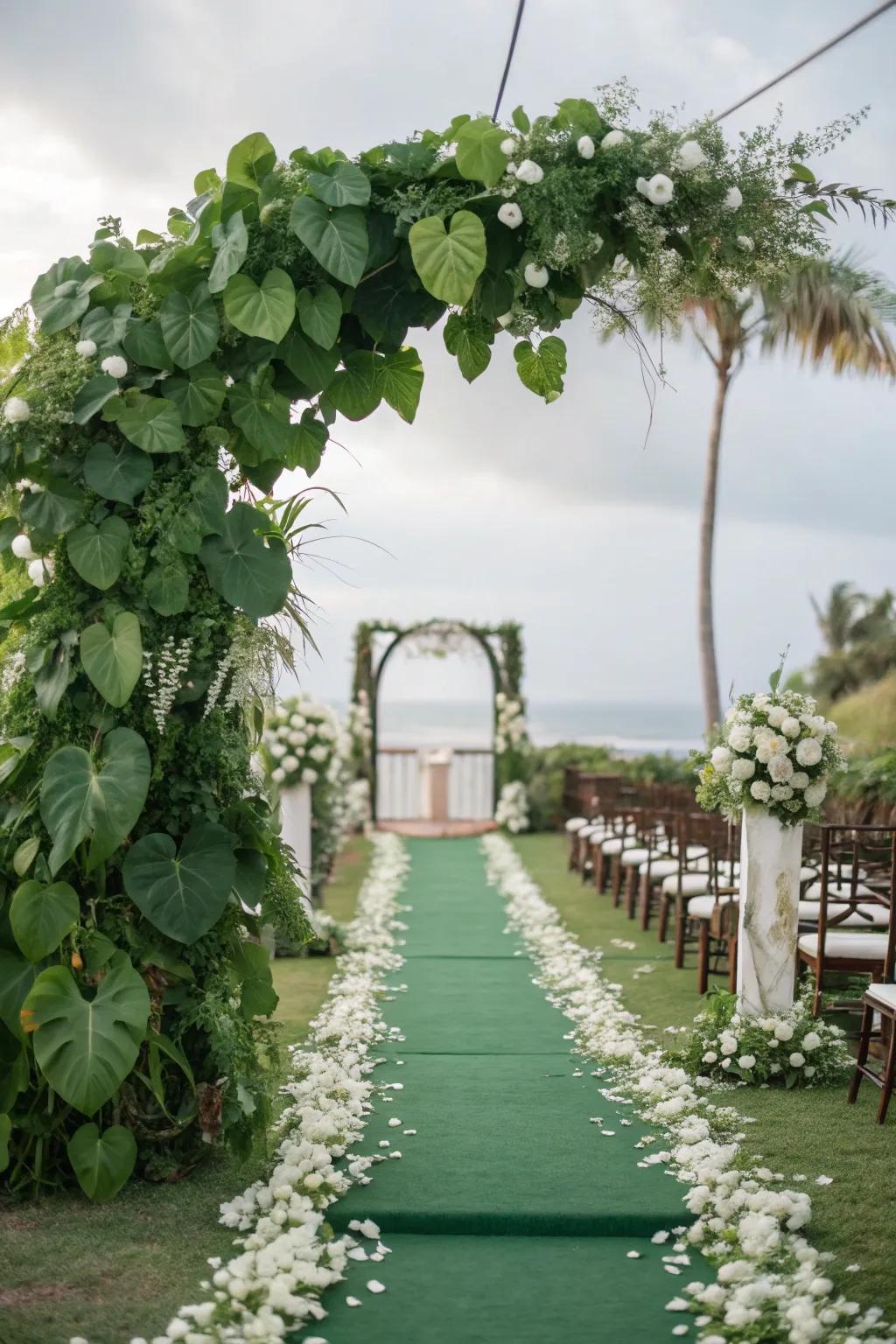 An outdoor walkway adorned with forest botanicals.