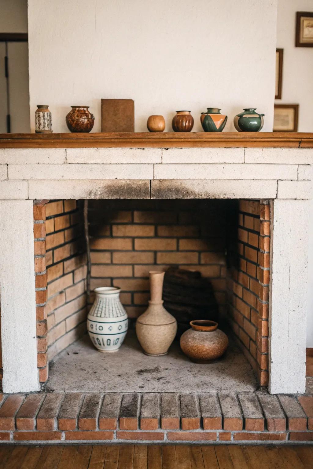 Produce an artistic display through earthware featured within your fireplace.
