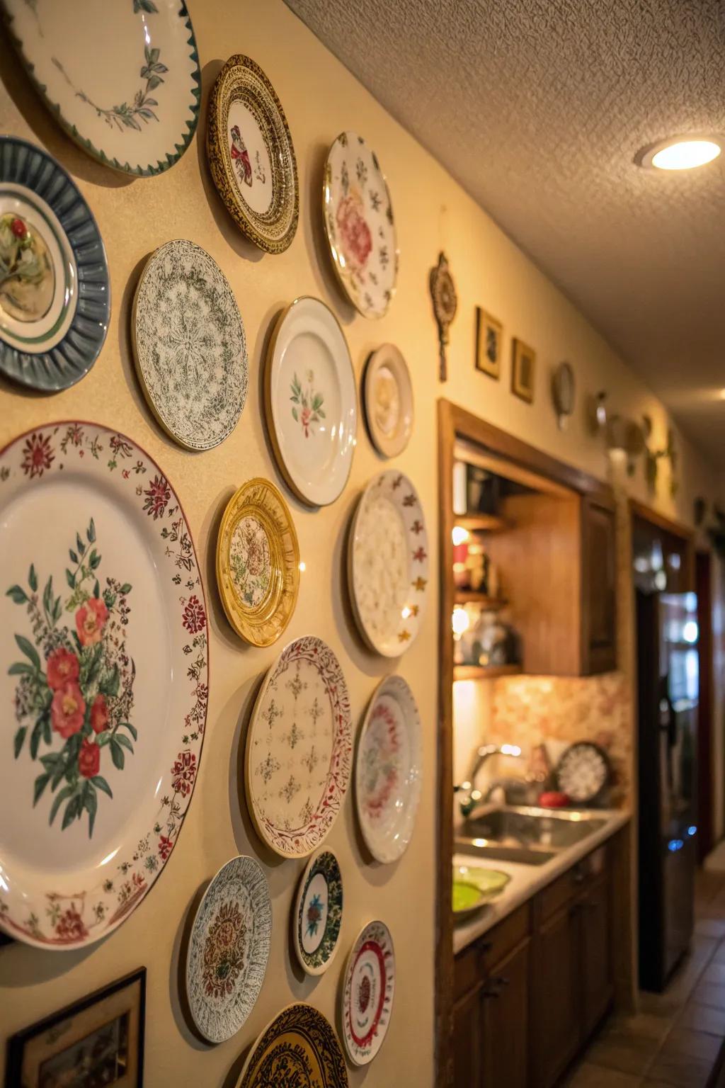 A delightful presentation of vintage platters infusing charm into the expanse.