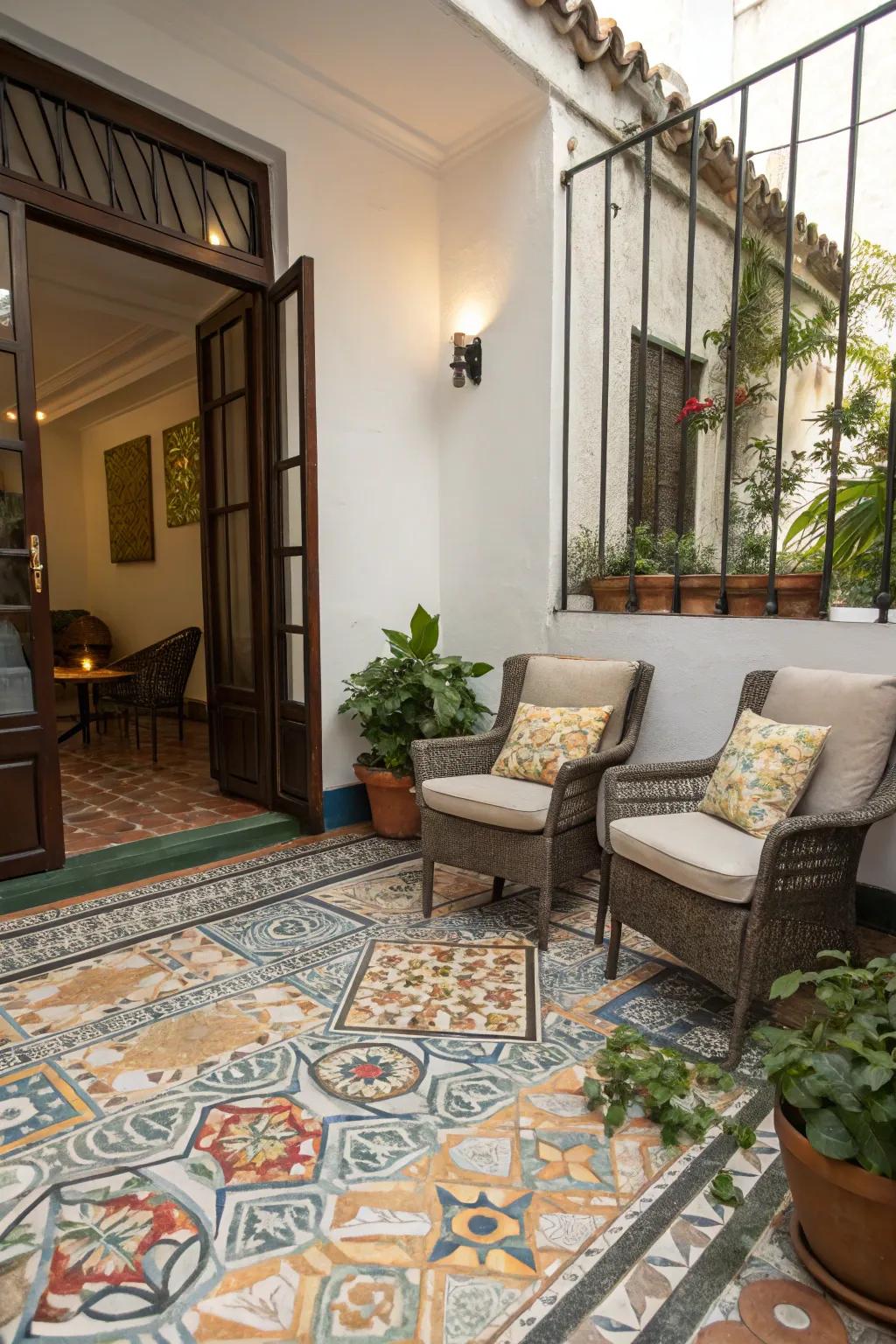 A stylish patio showcasing ornamental ground cover that complements the overall design.