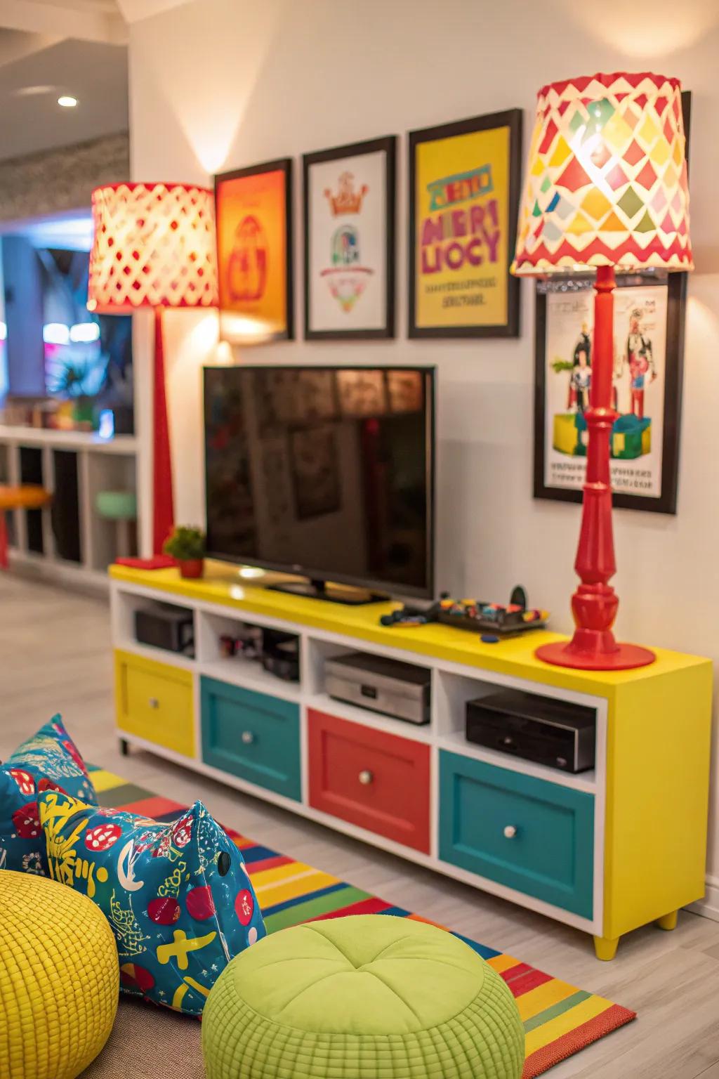 An entertainment hub highlighted with vibrant hues.