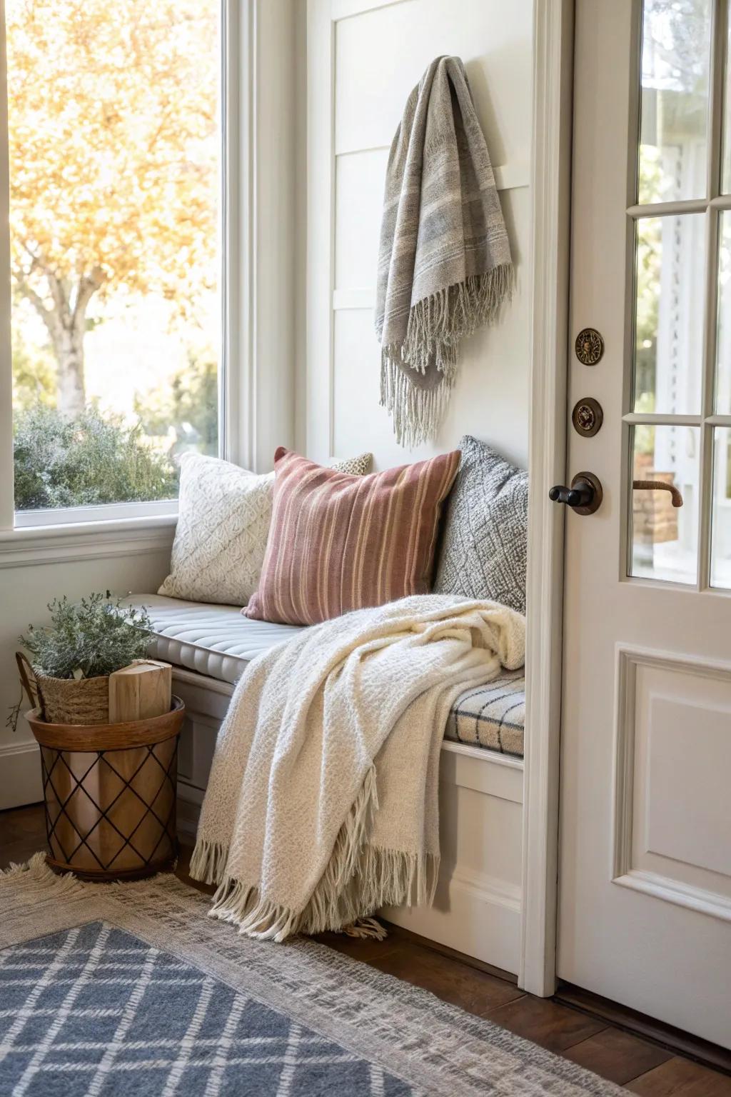 Gentle throws introduce texture and warmth to this inviting entryway bench.