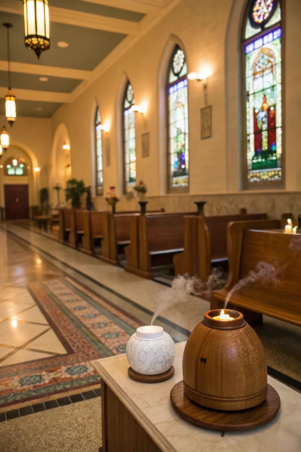 A pleasant scent enhances the experience in the church foyer.