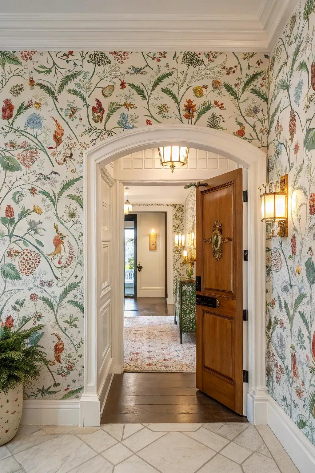 Whimsical wallpaper adds personality, making the entryway memorable.