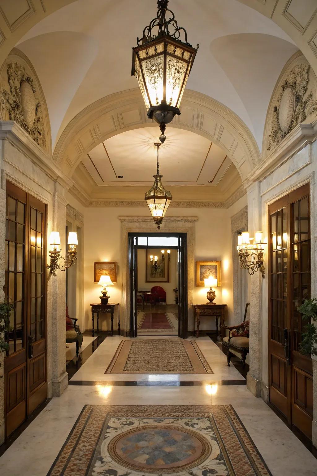 Symmetric lighting fixtures create a balanced look in this classic entryway.