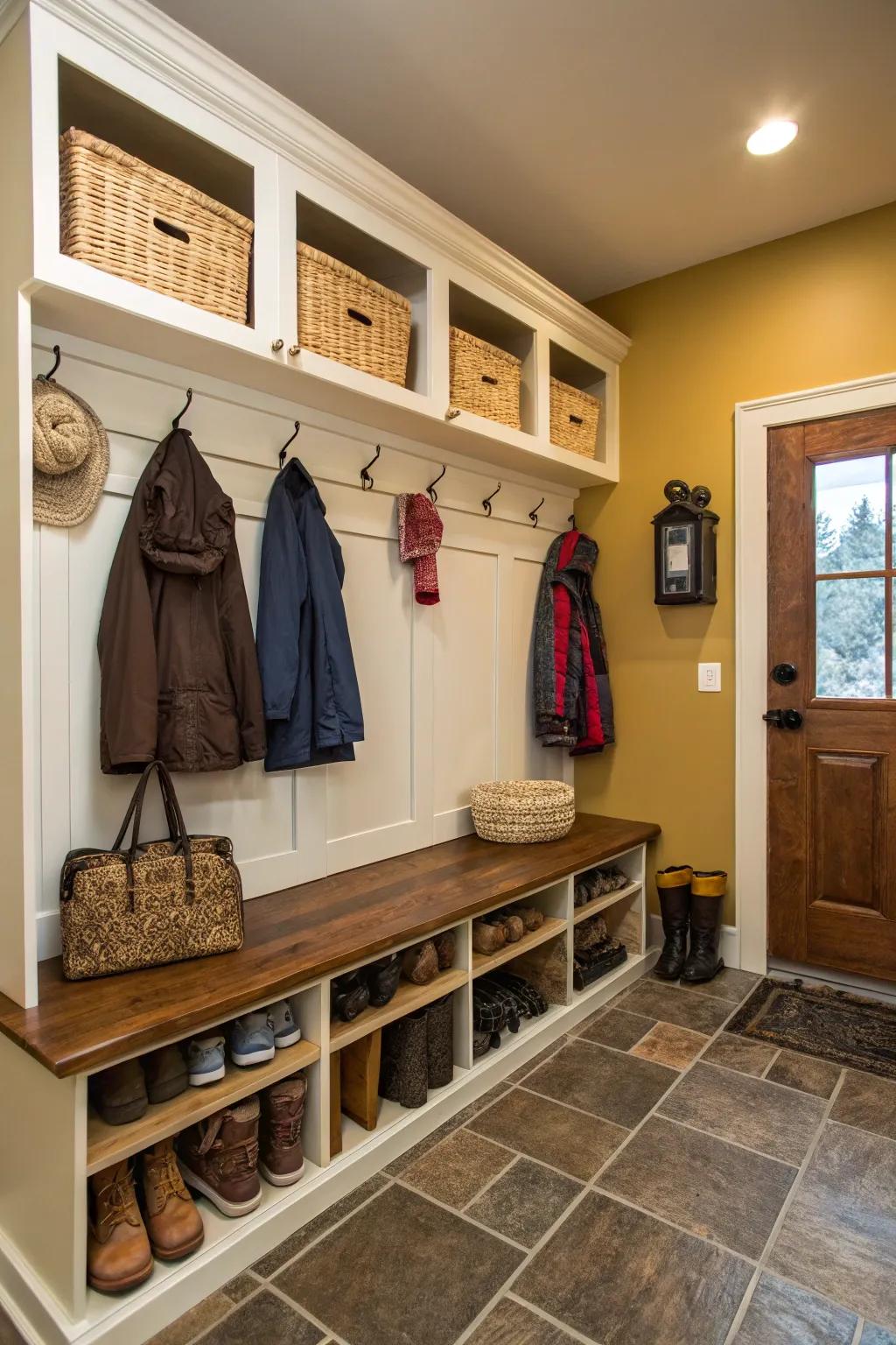 Built-in seating optimizes space and adds a sleek look to this mudroom.