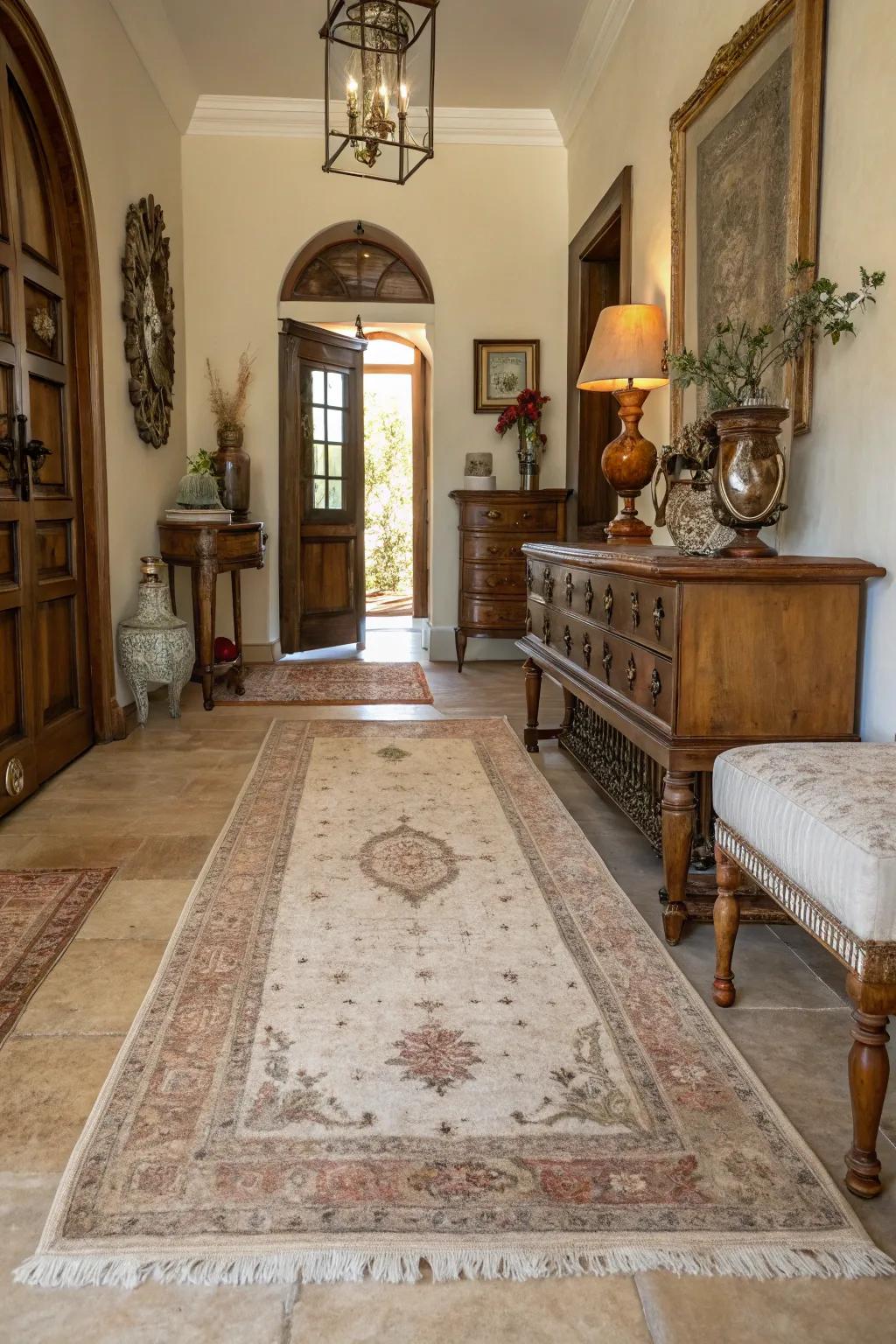 Distressed rugs append character and a timeless feel to any entryway.