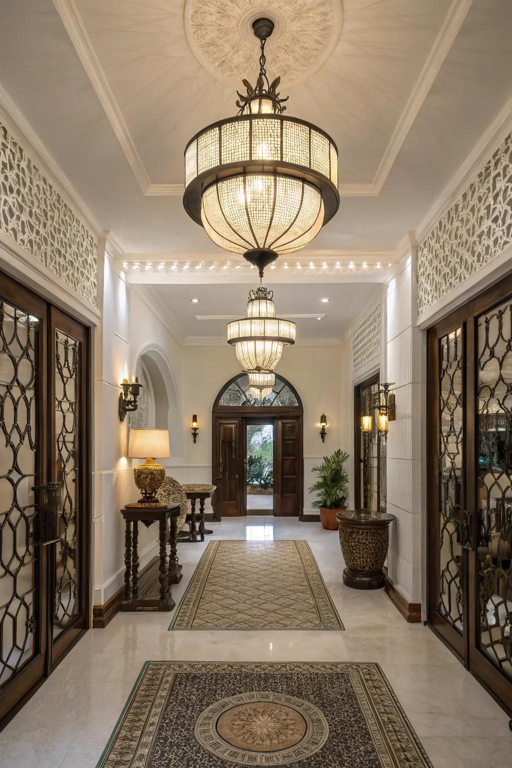 An entryway featuring contemporary lighting in a traditional setting, which creates a unique design.