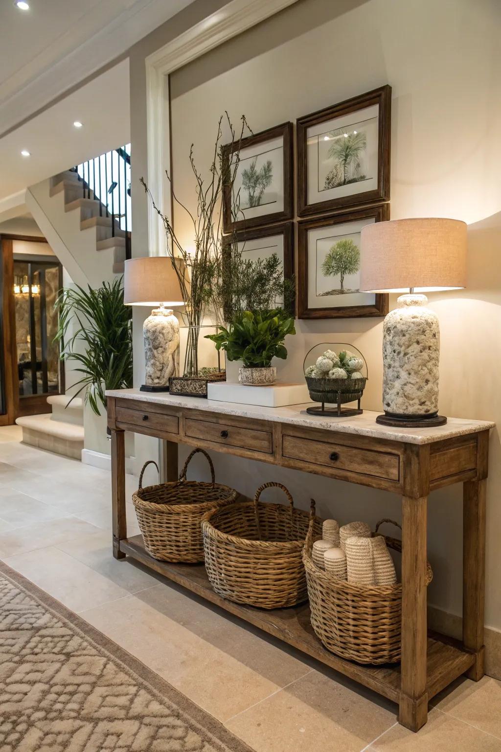 Combining a console with baskets makes a stylish storage unit.