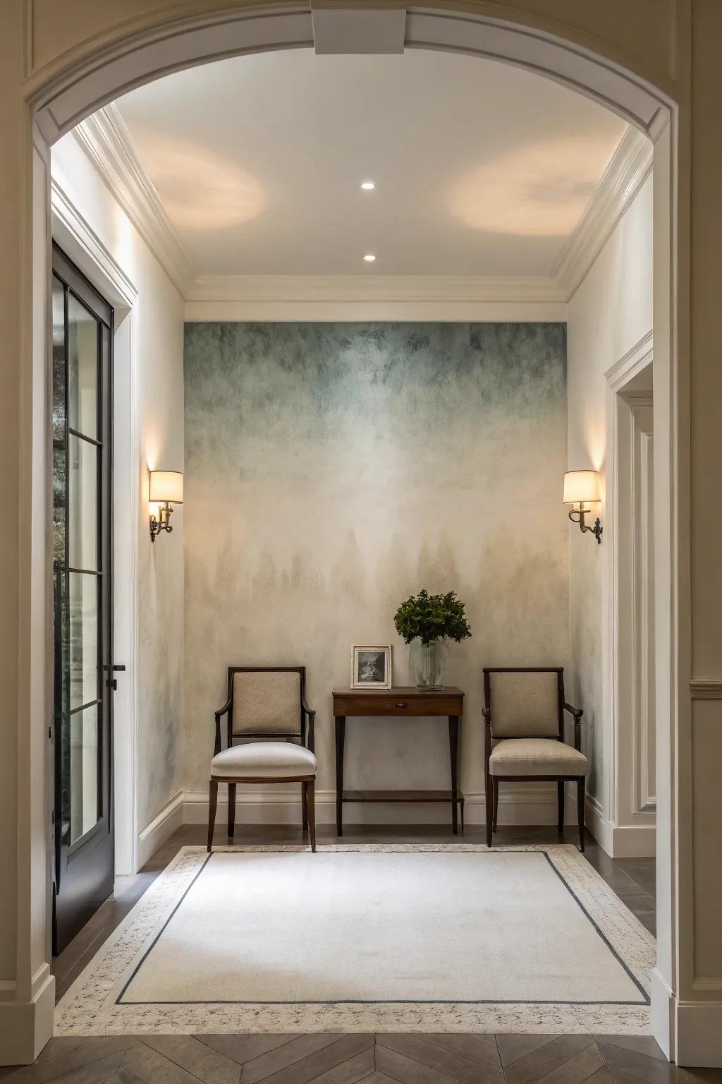 Airy entryway with subtle ombre wallpaper for a spacious feel.