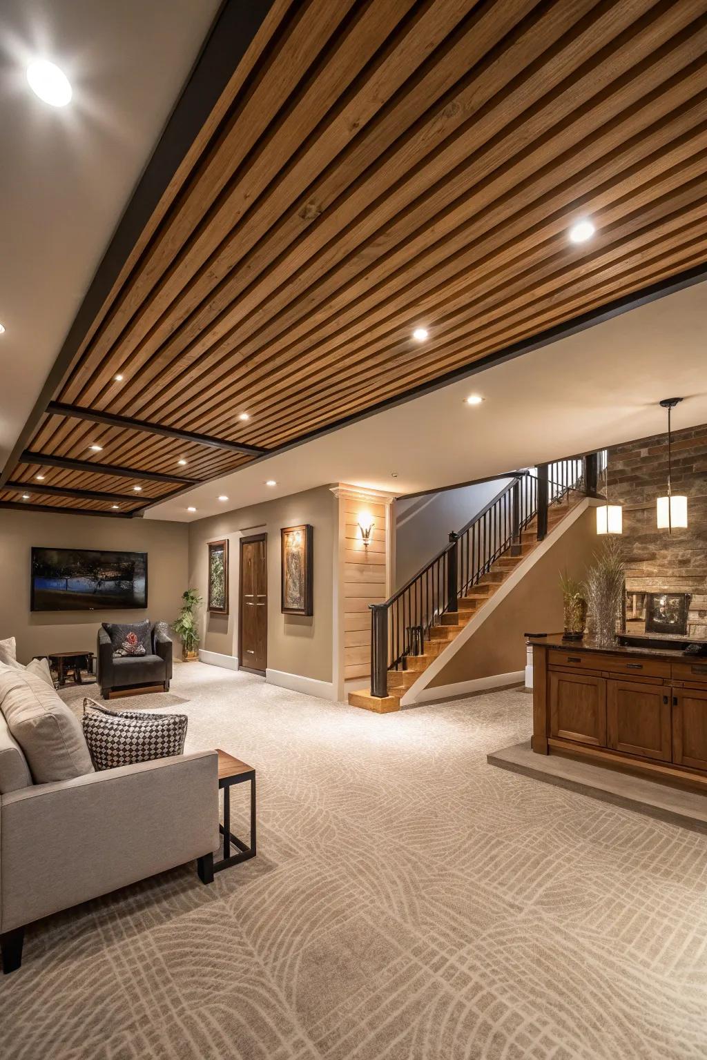 Elegant wooden slats create a sophisticated ceiling design.