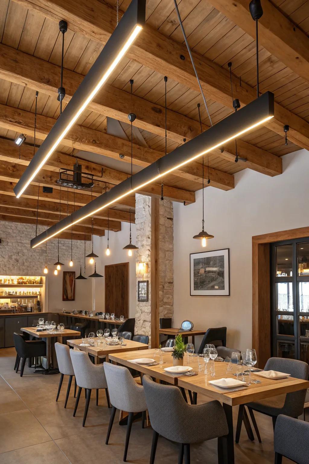 Elegant simplicity with linear lights in a dining space.