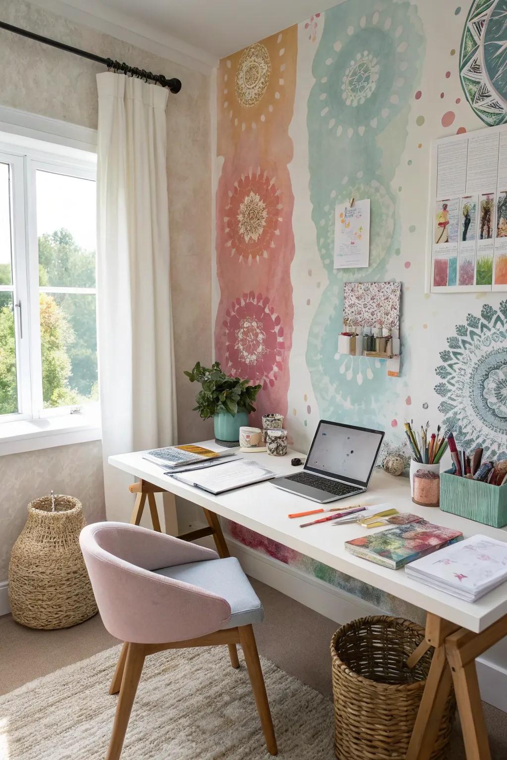 Artistic fluid color designs in fabric wallpaper inspire creativity.