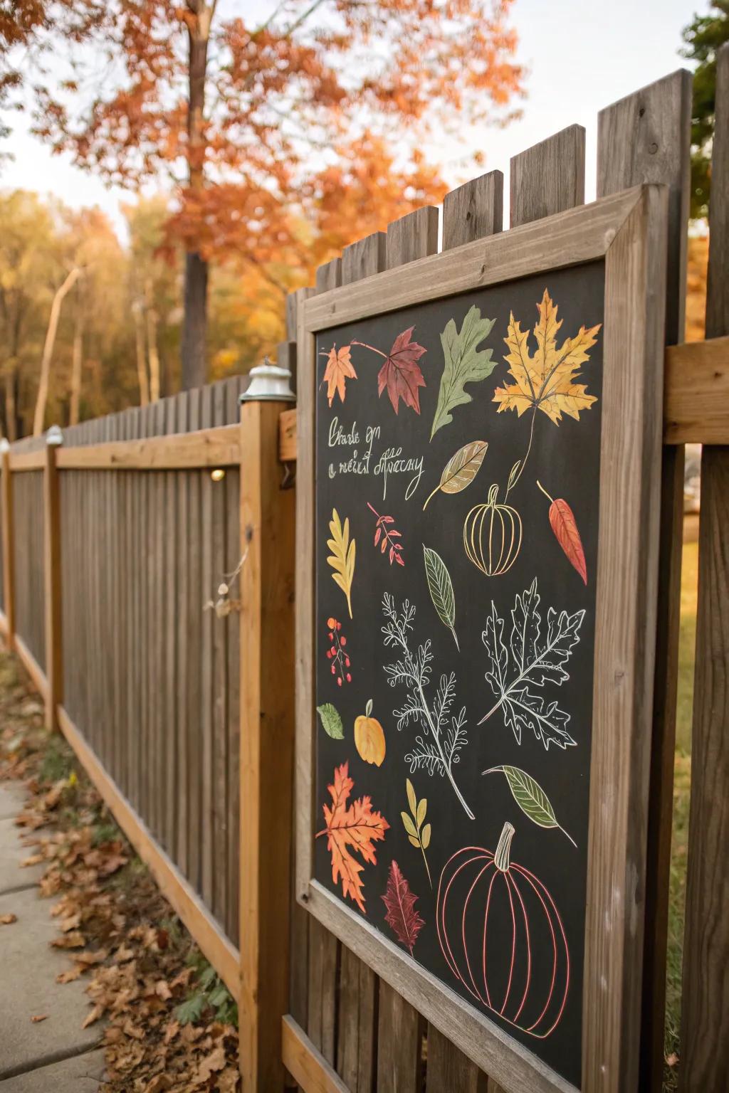 A chalkboard ornamented with seasonal themed doodles appends charm to the fence.
