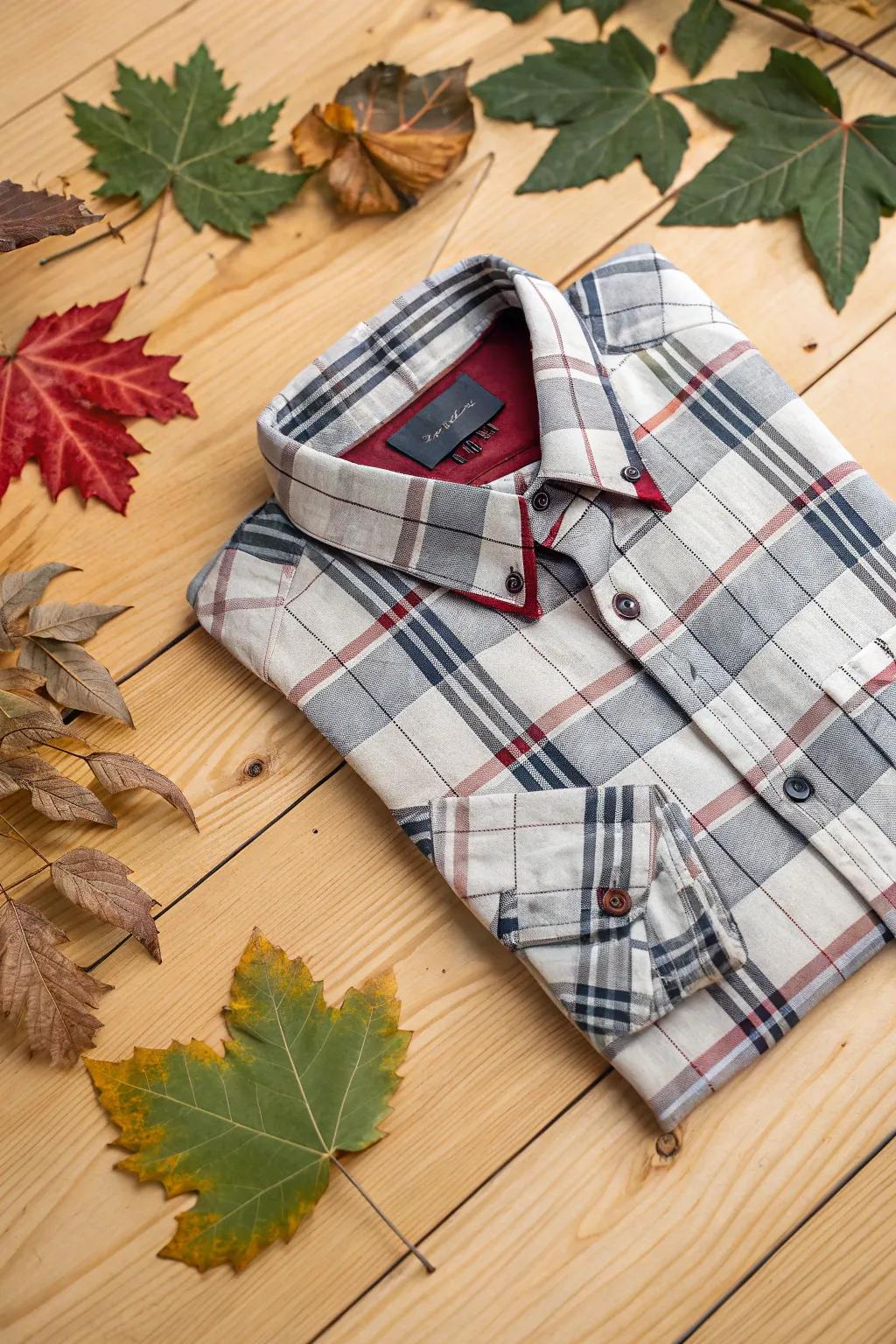 Checked motif embellishments add a stylish touch to any fall shirt.