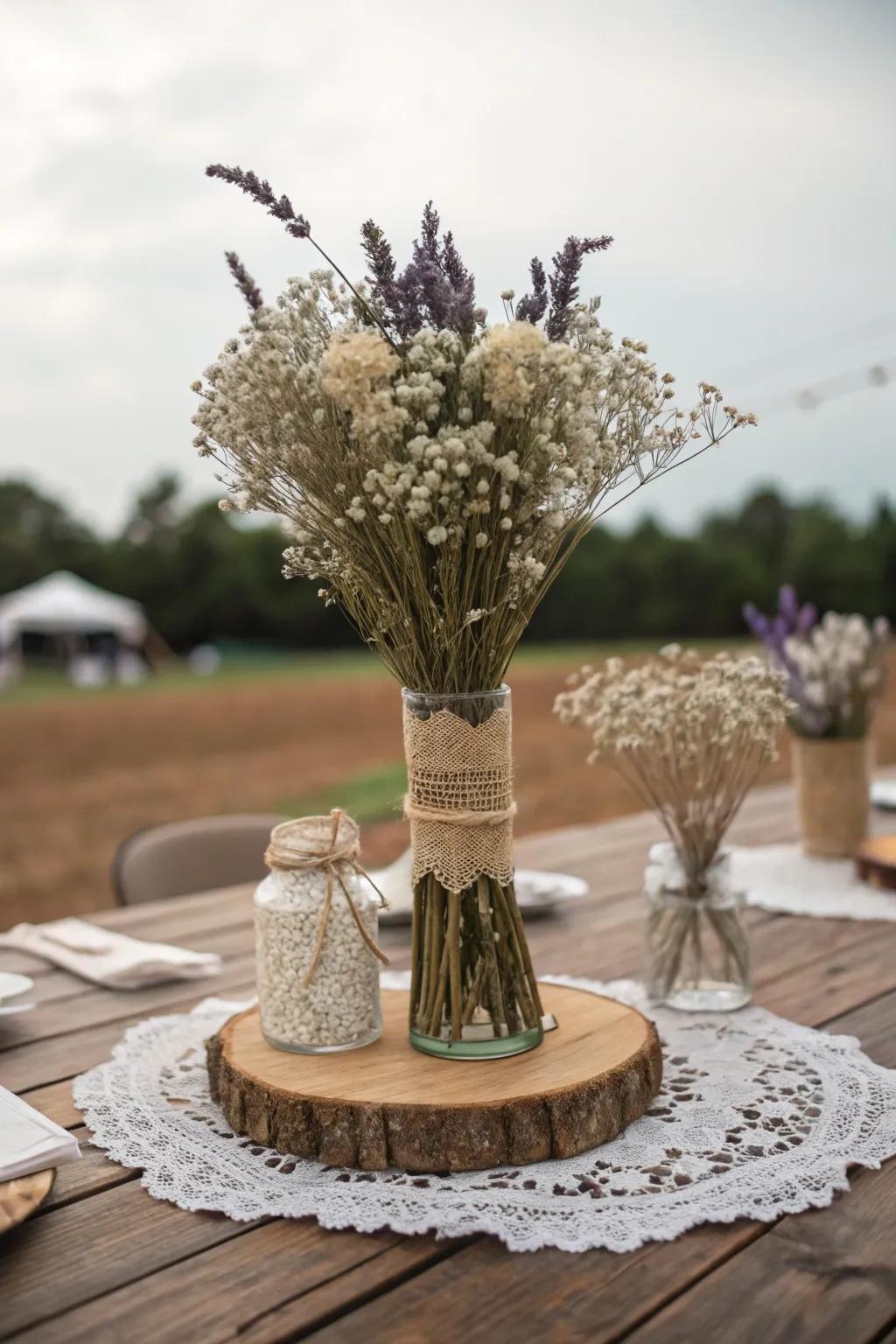 Dried blooms add countryside and timeless charm to this fall wedding centerpiece.