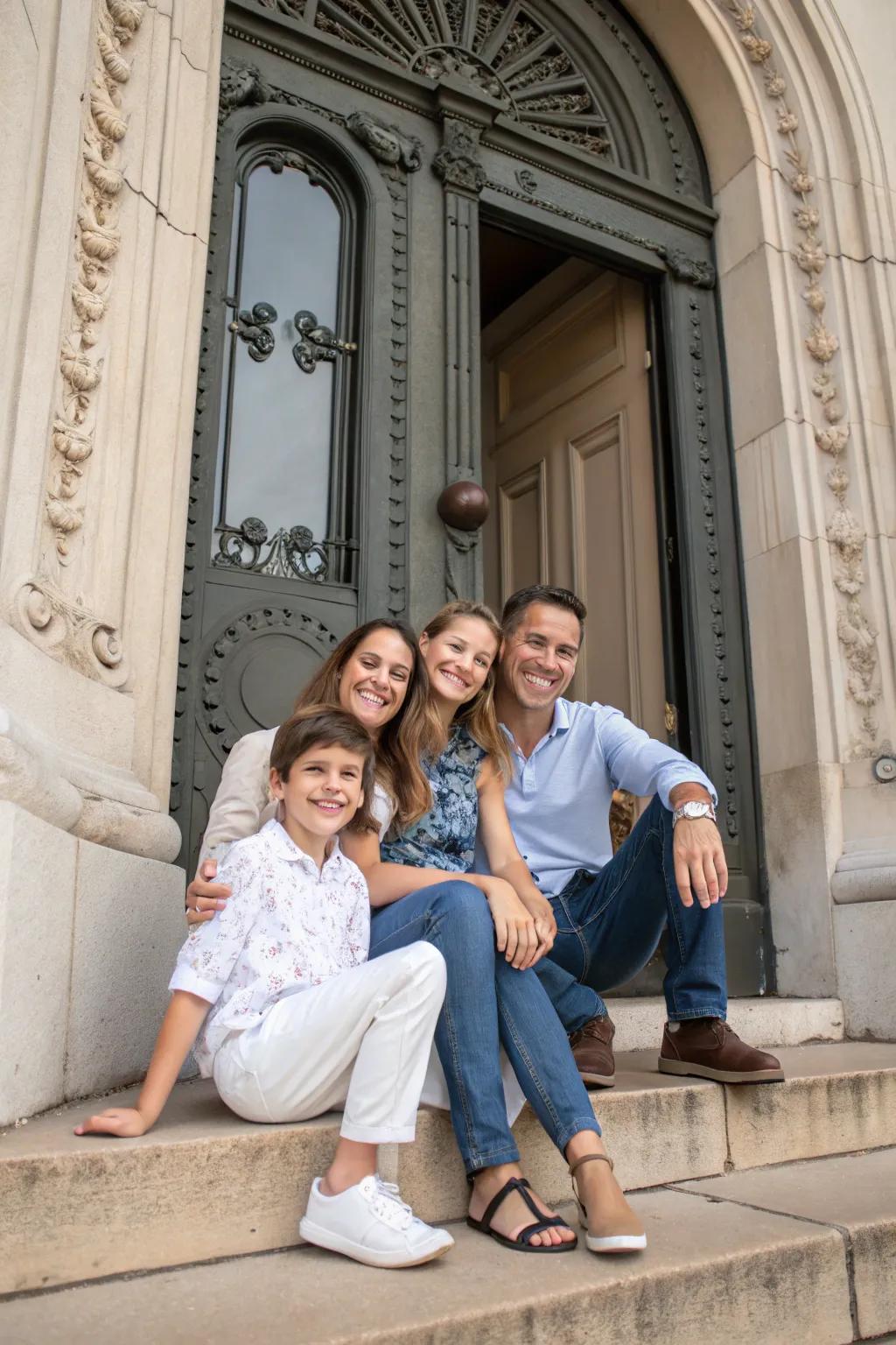 A portal serves as a stately frame for a family gathering picture.