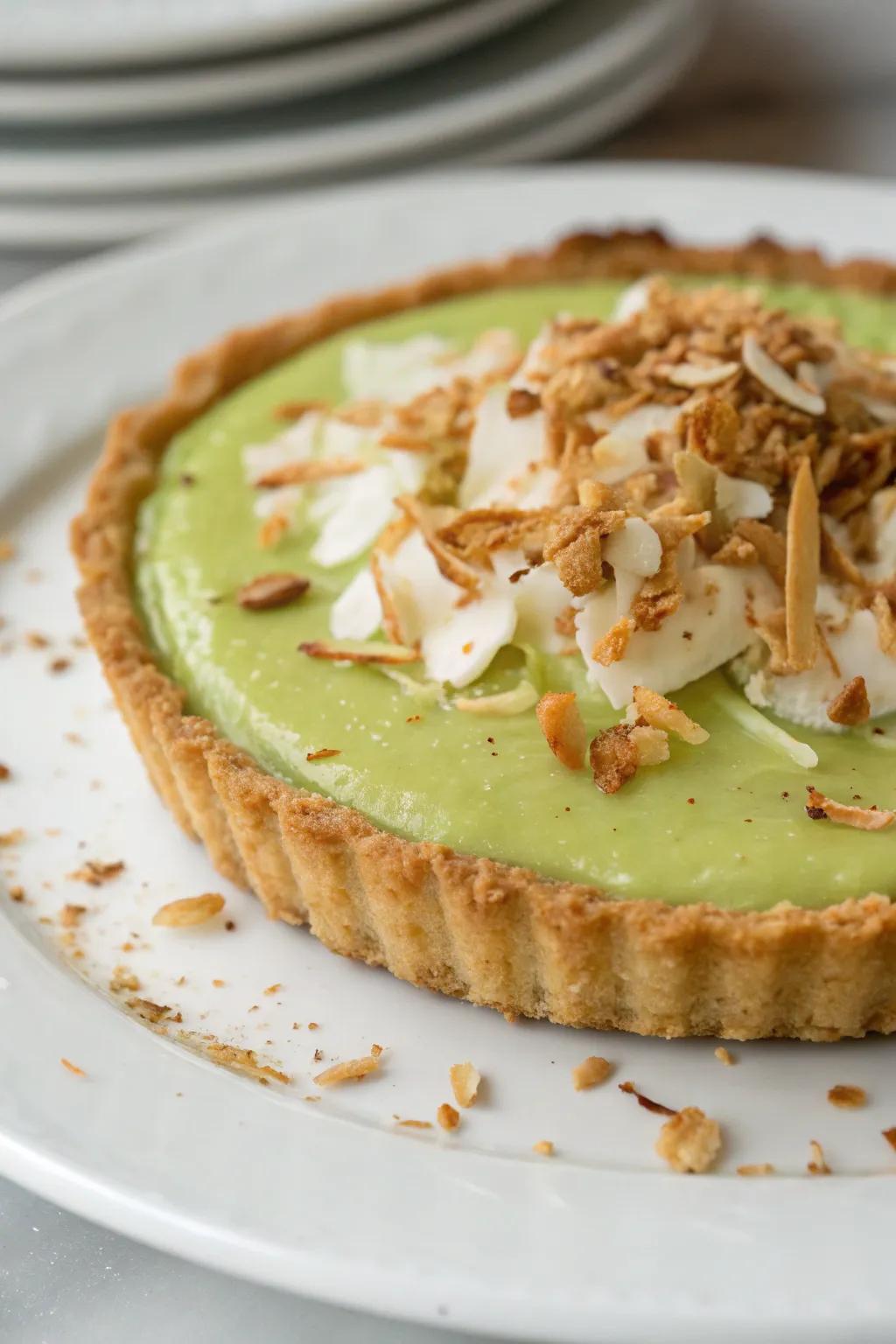Coconut flakes adding a tropical flair to the pie.
