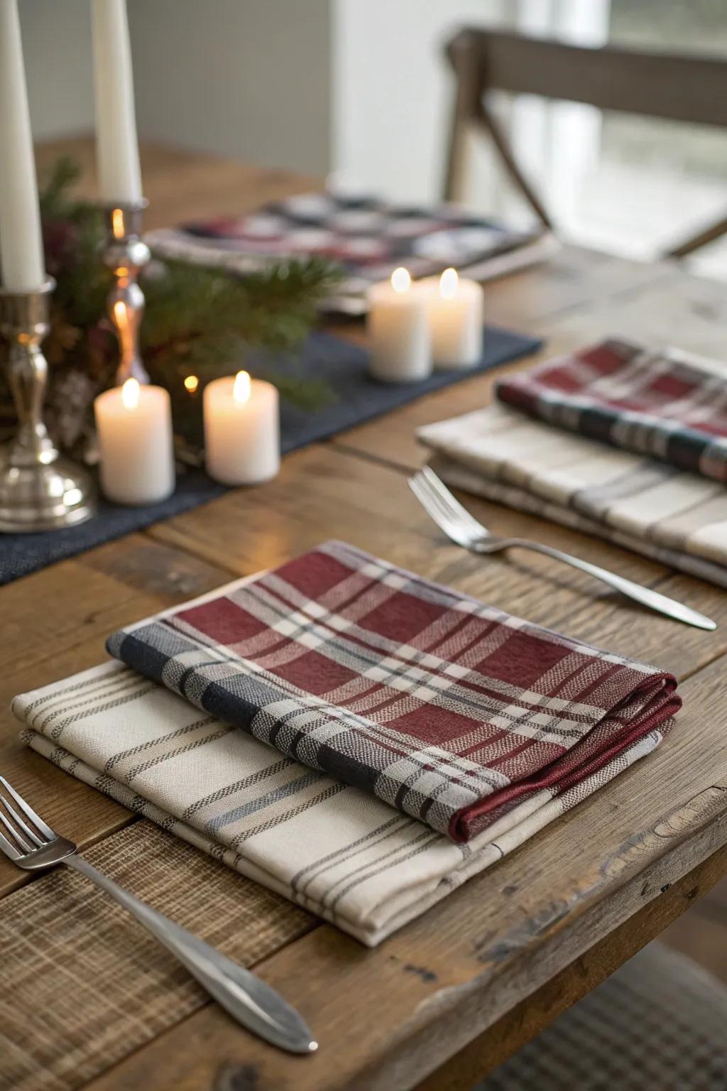 Woven napkins present a burst of pattern and cozy ambiance.