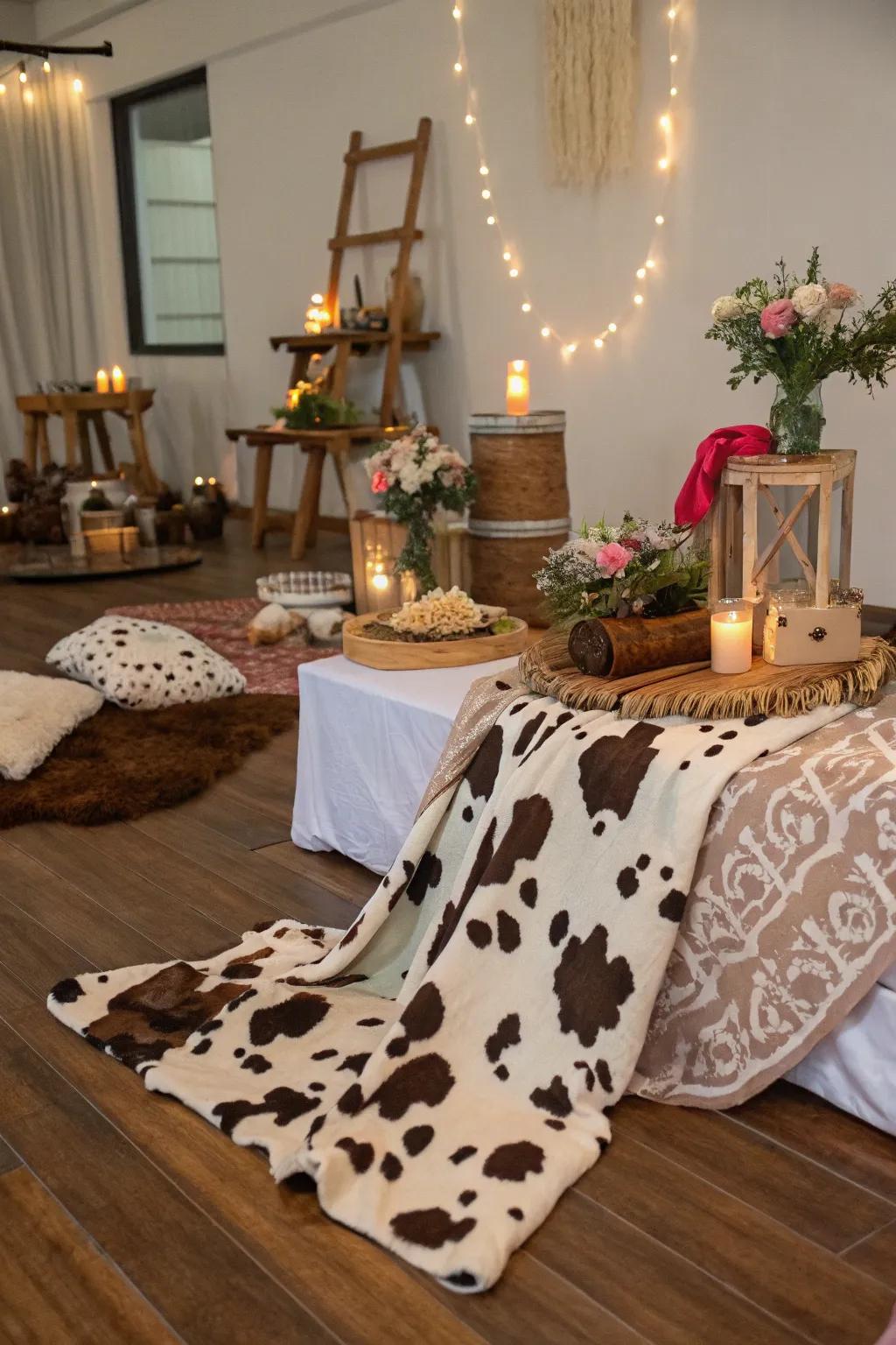 Cowhide print decor adds a stylish and thematic element to the party.