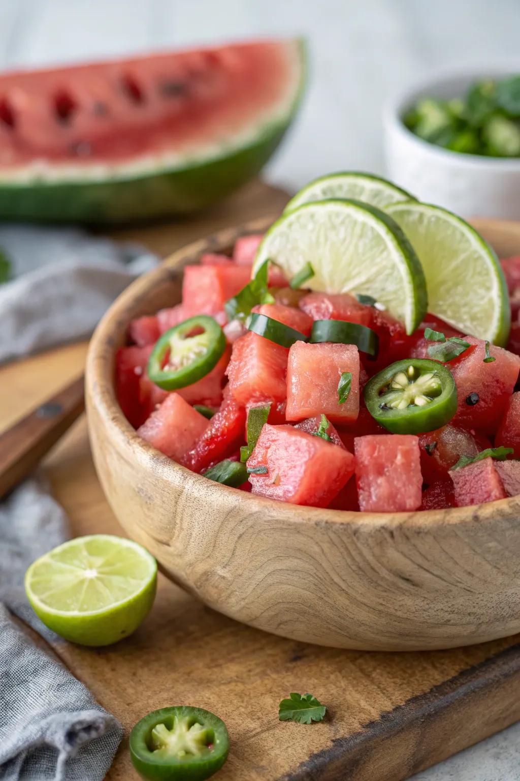 Spicy watermelon salad, a surprisingly delightful refreshment that packs a punch.