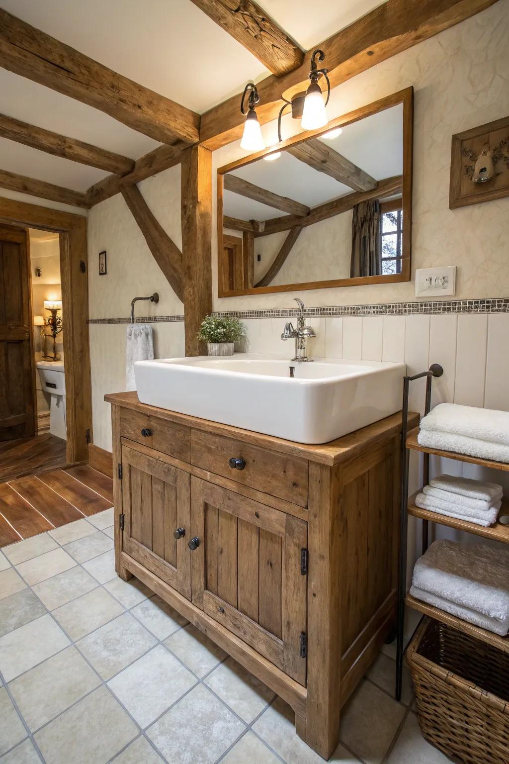 A farmhouse sink introduces both practicality and charm to the bathroom.